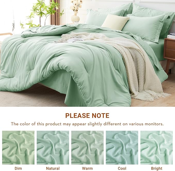 MUXHOMO 7 Pieces California King Comforter Set, Soft Bed in a Bag Cal King Size, All Season Bedding Set with Comforter, Flat Sheet, Fitted Sheet, Pillowcases & Shams, Sage Green