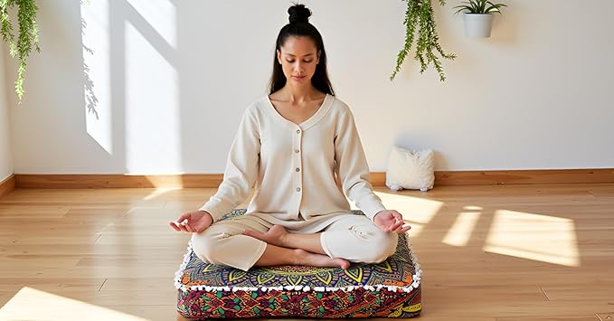 CRAFT KALA Large Hippie Mandala Meditation Floor Ottoman Pillow Cushion Pouf Cover Square Poufs Bohemian Circle Floor Cushion Case Outdoor Fireplace Yoga Living Room Decor Cover New Blue, 24" Square