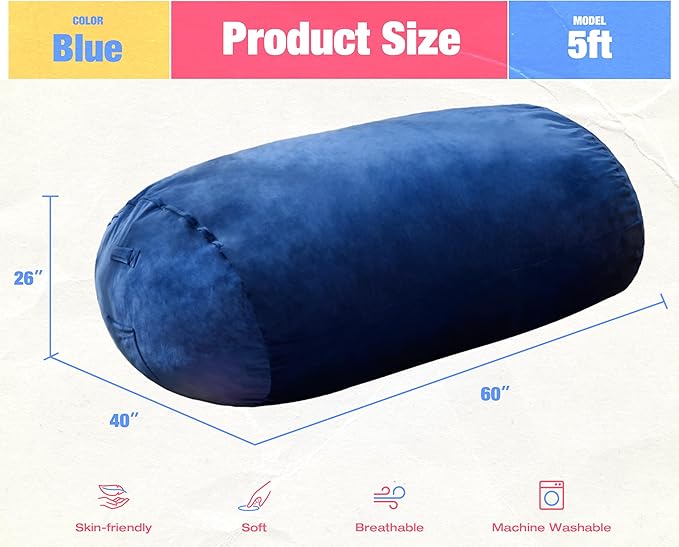 Hobestluk 5FT Bean Bag Chair Large Beanbag Lounger with Removable Cover Adult Bean Bag Chair with Portable Handle Desgin for Living Room Bedroom (Blue, 5FT)