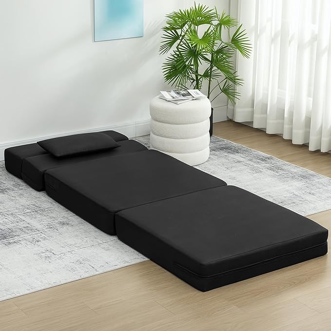 HOMCOM Folding Sofa Bed, Sleeper Chair with Pillow, Modern Linen Convertible Chair Bed, Fold Out Floor Futon Couch for Living Room, Dorm, Guest Use, Home Office, Black