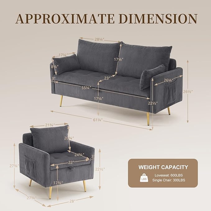 Furnimart 3-Seater Storage Sofa and Couch, Corduroy Loveseat with Accent Single Chair, Small Living Room Furniture Set for Apartment, Tiny Homes and Lofts, 2PC-Gray