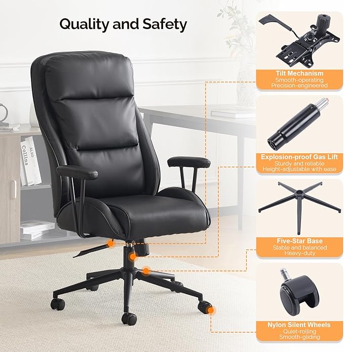 VINGLI Executive Ergonomic Office Chair with 100-130° Reclining, High-Back Desk Chair with Adjustable Base & Headrest Support & Wheels, Comfy Gaming Chair for Computer, Home Office, Pu-Leather, Black