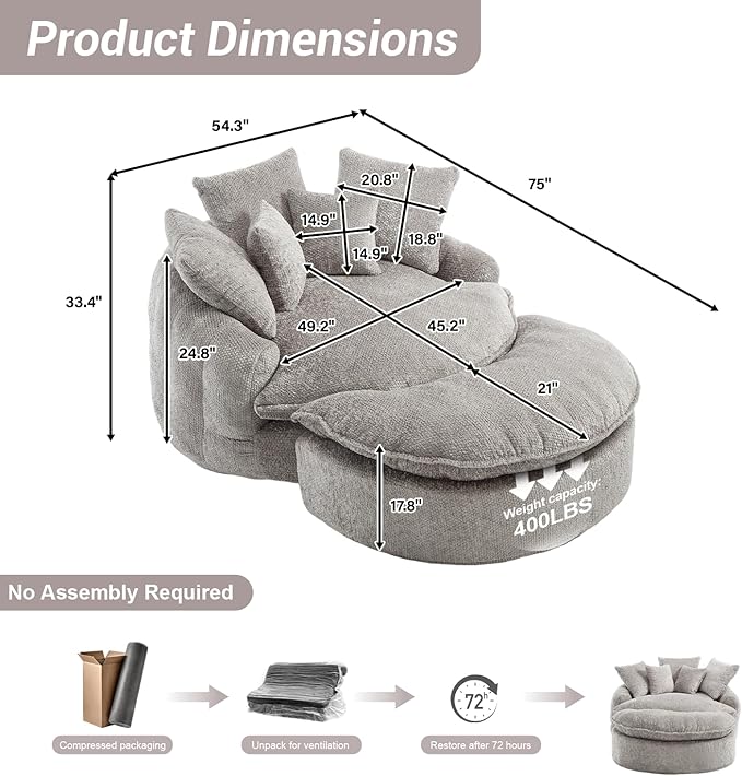 54" Oversized Round Chaise Lounge Indoor Boneless Bean Bag Chair with Movable Ottoman Fluffy Comfy Reading Chair Large Circle Cloud Couch Sleeper Sofa Bed for Living Room, Bedroom, Light Gray