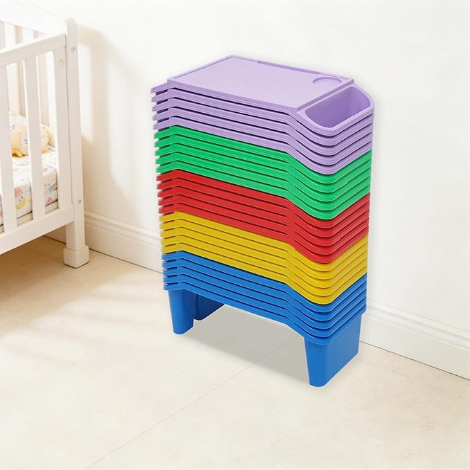Kids Lap Desk Tray, 25-Pack Stackable Activity Trays with Cup Holder & Phone Slot for Kids, Sturdy PP Table for Reading, Eating, Preschool & Daycare (25-Pack, Color B)