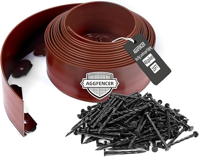 AggFencer 4 in x 25 Ft Garden Landscape Edging, No Dig Garden Edging Border Kit with 46 Pcs Spikes for Flower Bed Lawn Yard Grass Brown