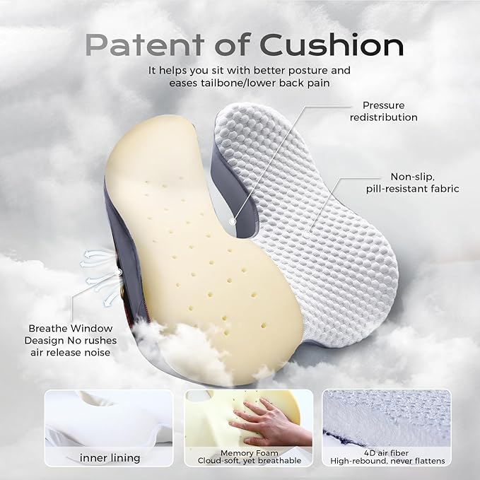 Seat Cushion for Tailbone Pain Relief X-Large,Ergonomic Office Chair Cushions for Butt Hip Lower Back & Sciatica Pain Relief Pillow,Pressure Relief Seat Cushion for Long Sitting, Car & Plane (Grey)