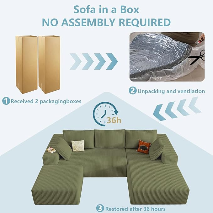 96" W Cloud Sectional Couch with Ottoman,Modern U-Shaped Cloud Couch with Deep Seat,Comfy Corduroy 3-Seater Sofa,Memory Foam Sofa for Living Room,No Assembly (Green,Right-Facing Chaise)