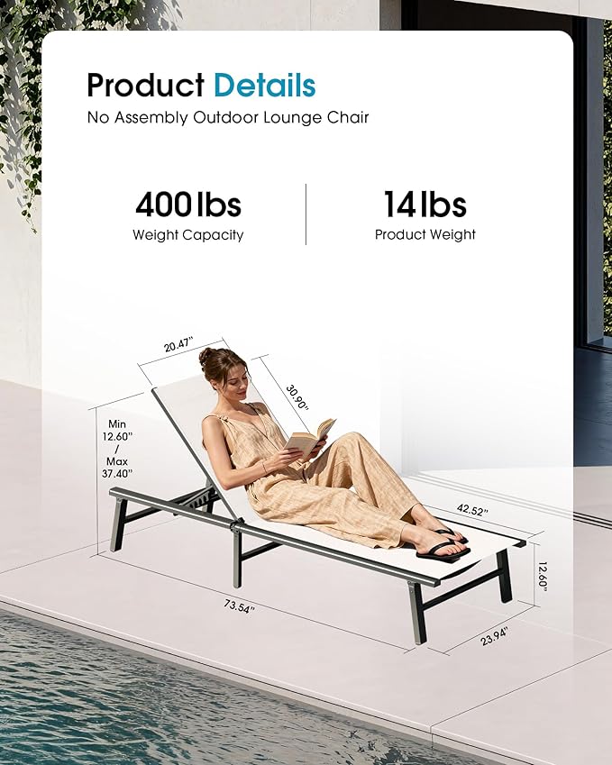 Ciokea Aluminum Outdoor Lounge Chair Set of 4- No Assembly Needed, Foldable Patio Chaise Lounge with 5 Adjustable Positions, Reinforced Frame for Extra Durability, Pool Beach Lounge Chair,White