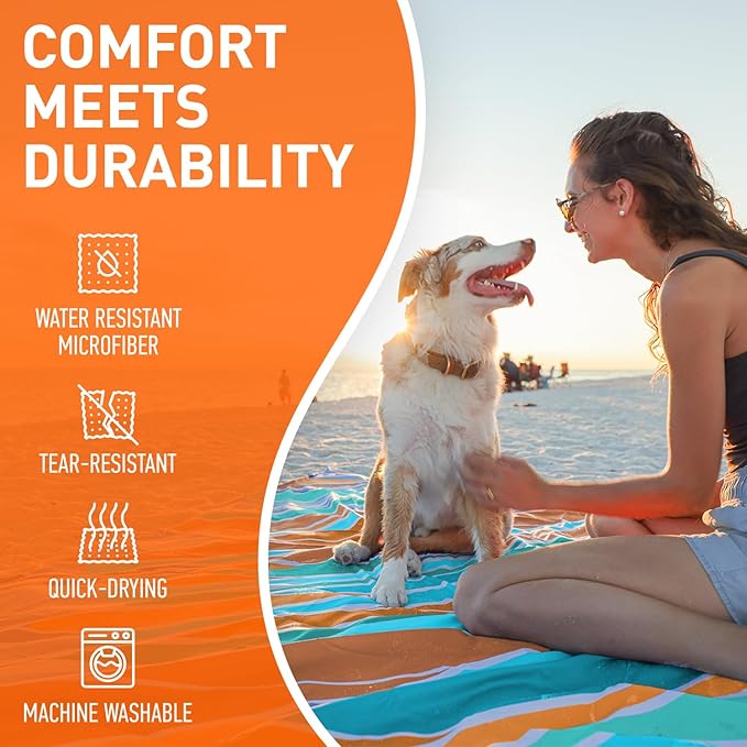 Everlasting Comfort Large Beach Blanket Waterproof & Sandproof - 128” x 108” /10.7ft x 9ft - Lightweight Picnic Mat, Camping Necessities for 10 People - Accessories for Outdoor Festivals - Orange