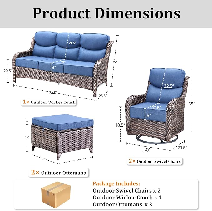 Pugire Luxury High Back Patio Furniture Set with 6-Inch Thick Cushions, 5-Pieces Outdoor Furniture with Swivel Chairs, Wicker Conversation Set for Porch, Balcony, Deck and Yard, Brown/Blue