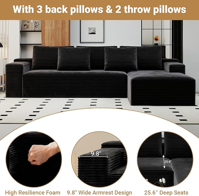 KAPEETOO Cloud Modular Sectional Sofa with Chaise Longue, Giant L Shaped Sectional Couch with Deep Seat, Oversize 3-Seater Boneless Couch for Living Room Bedroom Right Facing Chaise (Black)