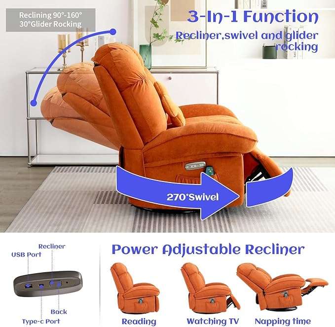 EDWELL Massage Swivel Recliner Chair, Oversized Rocker Recliner with Heated, Vibration Massage and Lumbar Heat Ergonomic Rocker Chair for Adults with Side Pocket, USB Charge Port, Orange