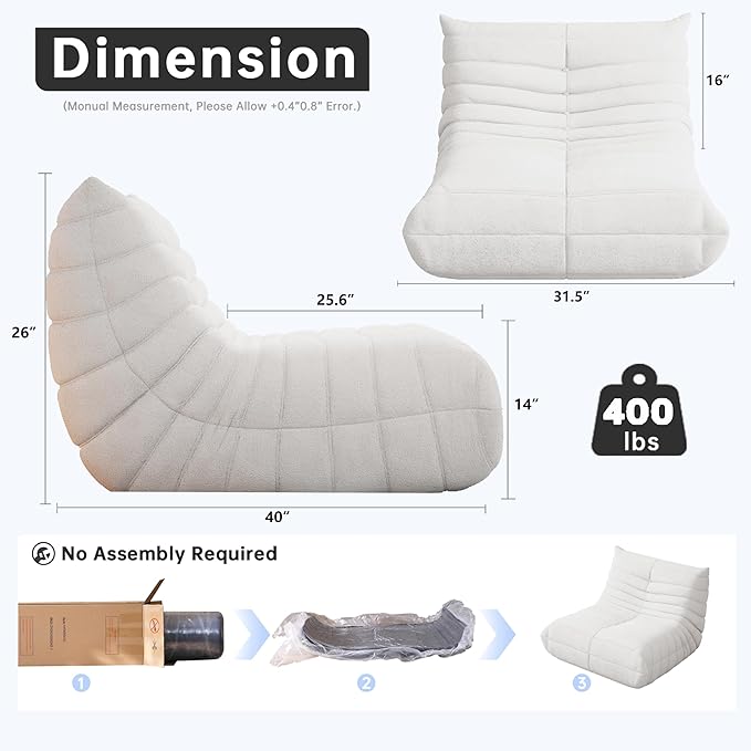 Bean Bag Chairs for Adults, BeanBag Reading Chair Memory Foam Couch, Floor Chair Soft Teddy Material, Comfy Reading Nook Chairs for Bedroom Living Room Office (White)