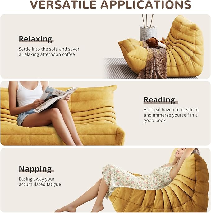Bean Bag Chair - Corner Sofa, Fireside Chair Bean Bag Sofa Large Bean Bag Chair for Adults,Fireside Floor Couch for Living Room, Bedroom, Gaming (Yellow, Single) (Yellow, Loveseat)