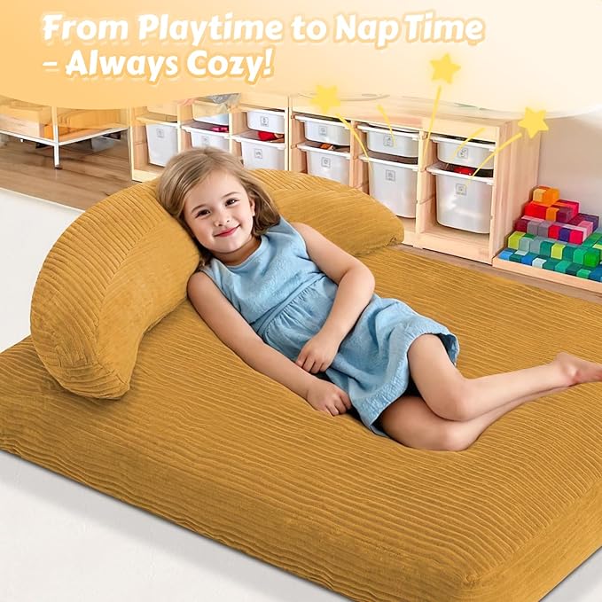 COMAX Bean Bag Chair for Kids, Convertible Toddler Beanbag Bed Corduroy, Children Bean Chair Stuffed to Floor Mattress with Filler, Yellow