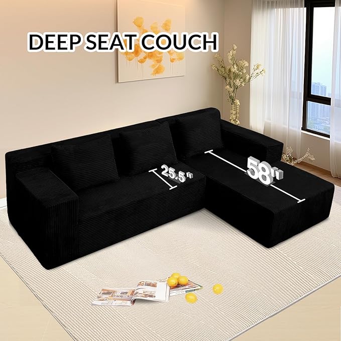 ANONER 103" Sofa Bed Sectional Cloud Couch with L-Shape Chaise, Modular Sofa with Deep Seat, Free Combination Cloud Couches for Modern Minimalist Living Room Apartment, No Assembly Required, Black