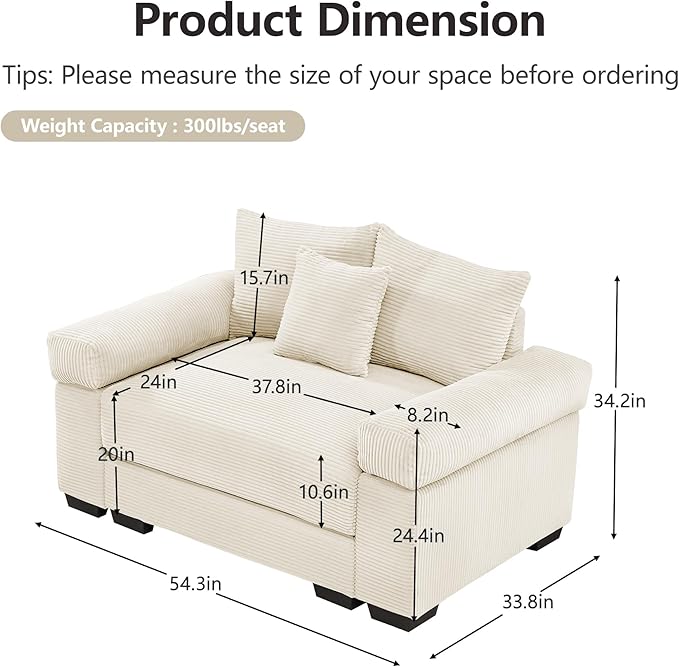 KEIKI 54" Oversized Corduroy Modular Sectional Single Sofa with High-Density Foam Cushions, Extra-Thick Armrests, Upholstered Modern 1-Seater Lounge Accent Chair with 3 Pillow, for Living Room, Beige