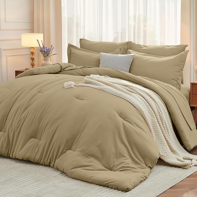 MUXHOMO 7 Pieces Full Comforter Set, Soft Bed in a Bag Full Size, All Season Bedding Set with Comforter, Flat Sheet, Fitted Sheet, Pillowcases & Shams, Khaki