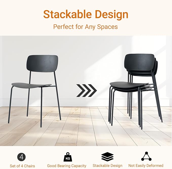 Sidanli Stackable Chairs Set of 4, Waiting Room Chairs with Metal Legs and Ergonomic Plastic Seat, Stacking Office Chairs for Conference Reception Church Banquet, Black