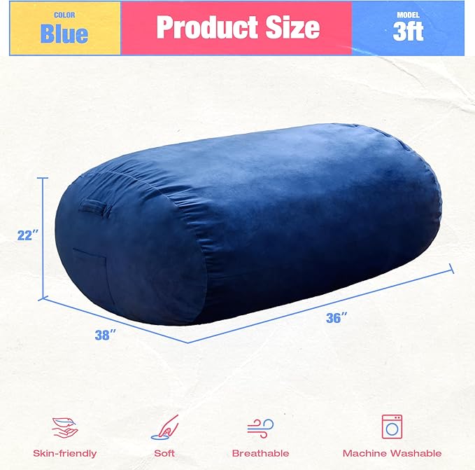 Hobestluk 3FT Bean Bag Chair Large Beanbag with Removable Cover Adult Bean Bag Chair with Portable Handle Desgin for Living Room Bedroom (Blue, 3FT)