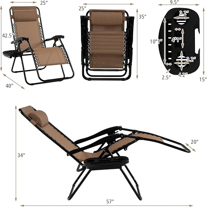 Tangkula Zero Gravity Chair, Folding Patio Lounge Chair Adjustable Outdoor Recliner with Cup Holder, Wide Armrest for Patio Garden Poolside Outdoor Yard Beach, Support 350 lbs (2, Light Brown)
