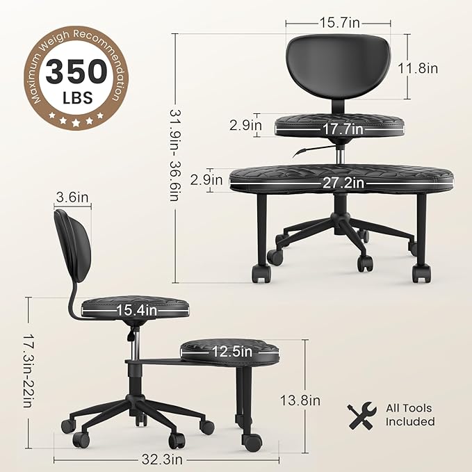 Cross Legged Office Chair, Ergonomic Criss Cross Design, Wide Comfy Desk Seat, ADHD Meditation Chair with Wheels, Adjustable Height Kneeling Chair with Back Support