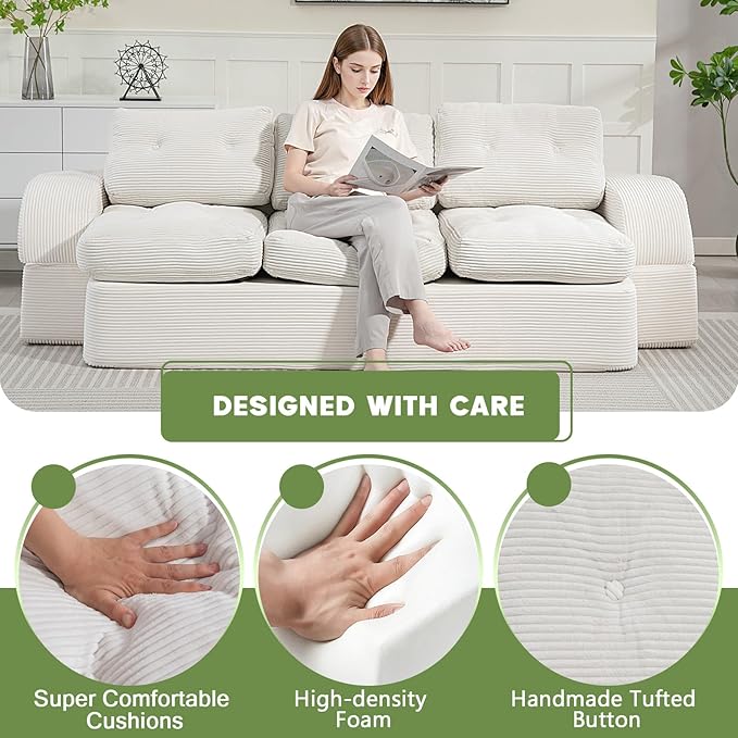 MeMoreCool Cloud Couch – 3-Seater Convertible Sofa Bed, Tufted Cushion, Corduroy, No Assembly, Beige Compact Floor Sofa | Foldable Boneless Design | Comfy Sleeper for Living Room & Small Spaces