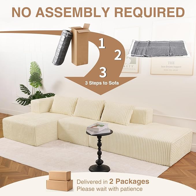 Favoduerme 117” Modular Sectional Cloud Couch with L-Shape Chaise Lounge, Boneless Convertible Sofa for Living Room, Corduroy 4-Seater Couch, No Assembly Required, Cream Beige, Left Facing Chase