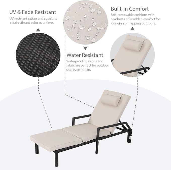 Patio Chaise Lounge Set – Adjustable Outdoor Lounge Chairs with Cushions & Headrest – All-Weather Rattan Reclining Lounge Chairs for Poolside, Garden, and Patio (2 Pcs, Beige)