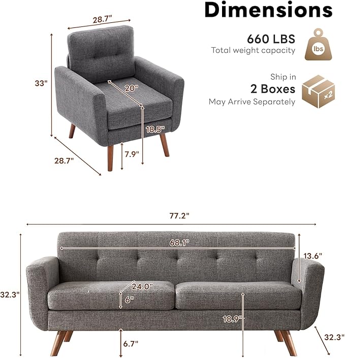 Tbfit Mid Century Modern Sofa Couch, Gray, Standard Sofa & Accent Chair
