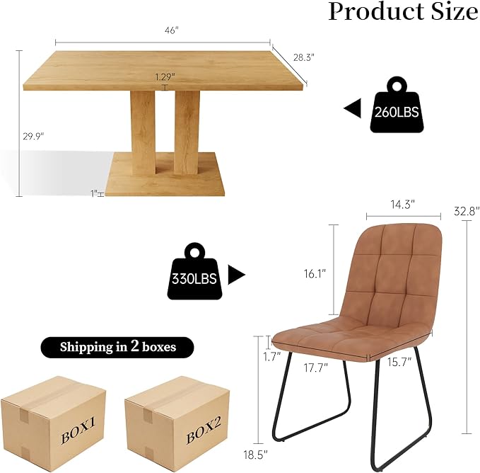 Dining Table Set for 4-6 People, 46 Inch Modern MDF Oak Kitchen Table with 4 Faux Leather Chairs, Rectangular Dining Room Table Set for Home, Small Spaces, Breakfast Nook (Oak Table + 4 Brown Chairs)