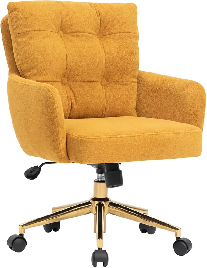 BALIAA Flannel Office Chair, Comfy Home Office Desk Chairs with Lumbar Support, Modern Velvet Desk Chair Gold Legs Small Swivel Task Chair for Home Office, Bedroom, Study (Yellow, L)