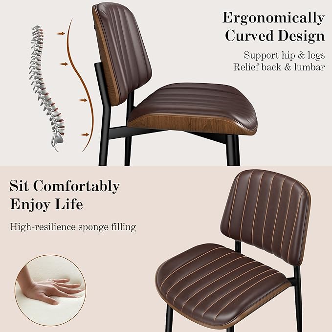 Dining Chairs Set of 2, Mid-Century Modern Upholstered PU Leather Chairs with Walnut Bentwood Back and Metal Legs Adjustable Feet for Kitchen Dining Living Room, Dark Brown Vertical Stripes