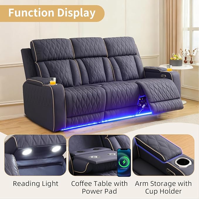 Caberryne Power Recliner Sofa Set with LED Lights,Suede Leather Reclining Couch with Coffee Table/Storage Console/Cup Holder,Reclining Living Room Set with 5 Recliner Seats for House(3 Piece Set,Navy)