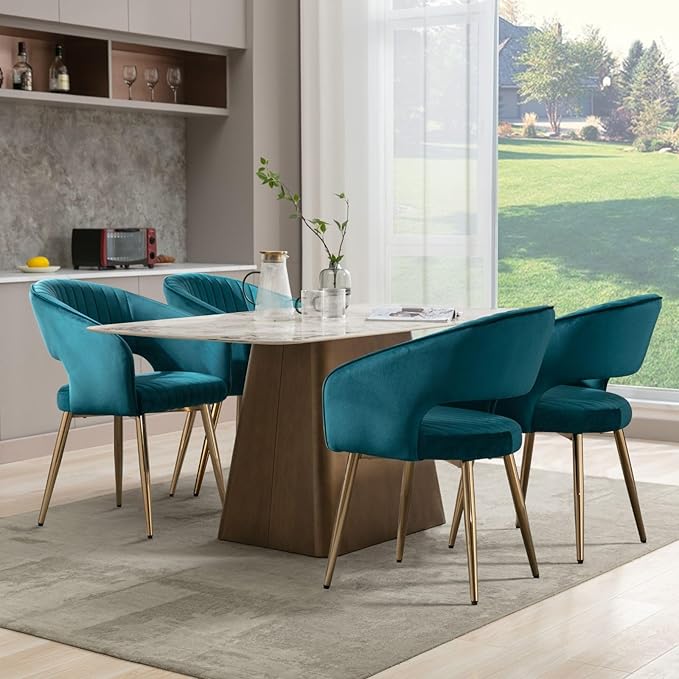 COMULER Teal Velvet Dining Chairs Gold Legs, Modern Dining Room Chairs with Arms Set of 2 Upholstered Accent Chair Armchair with Barrel Back for Kitchen Living Room