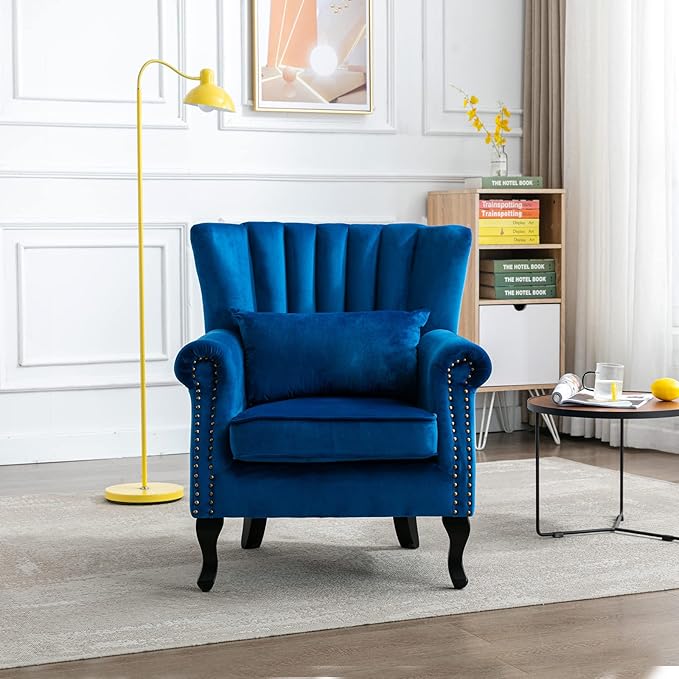 LZAREAL Accent Reading Arm Chairs Set of 2 Midcentury Modern Comfy Corner Sofa Chair, Wingback Waiting Room Club Chair with Tufted Back for Living Room/Bedroom/Reception Room, Velvet Blue