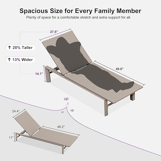 PURPLE LEAF Oversize Outdoor Rattan Lounge Chair 2 Piece, Aluminum Patio Chaise Lounge with Adjustment Backrest, Waterproof Lounger Sunbath Tanning Recliner for Poolside, Garden, Light Taupe