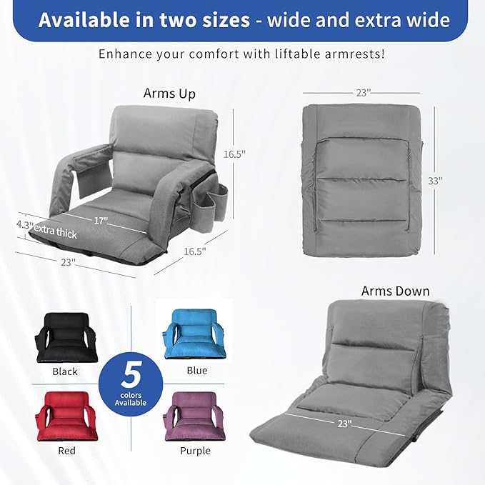 Stadium Seats with Back Support,Wide Stadium Chairs with Back and Cushion, Sofa Style Stadium Seats, 6 Reclining Positions, Extra Thick Bleacher Seat for Sports Events (Grey-2 Pack, Wide|22.5")