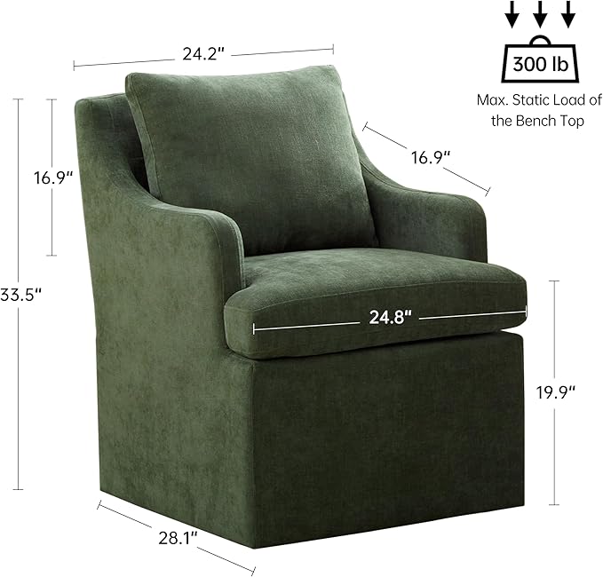 VKNOW Upholstered Dining Chairs Set of 2, Modern Kitchen Chairs Dining Room Chairs with 4 Casters, Linen Armchair for Bedroom Reading Room Living Room, Green
