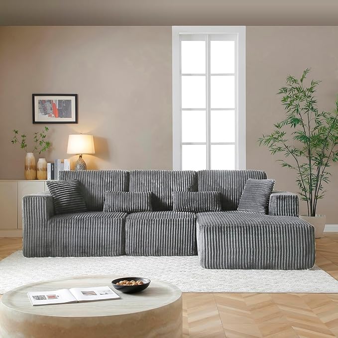Vanress 110" Cloud Couch Sectional, Corduroy Boneless Couch with L-Shape Chaise,Modern Modular Sectional Sofa Comfy Deep Seat for Living Room, Bedroom, No Assembly (Dark Grey, Right Facing Chaise)
