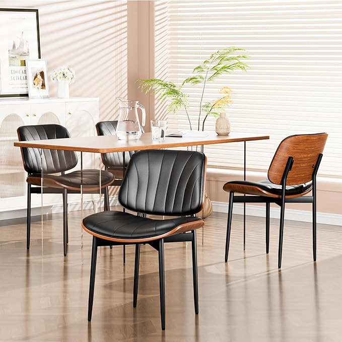 YaFiti Dining Chairs Set of 2, Dining Room and Kitchen Chairs, FSC Certified Mid Century Modern Accent Chair, Upholstered PU Leather Chairs for Vanity with Walnut Bentwood and Metal Legs, Black