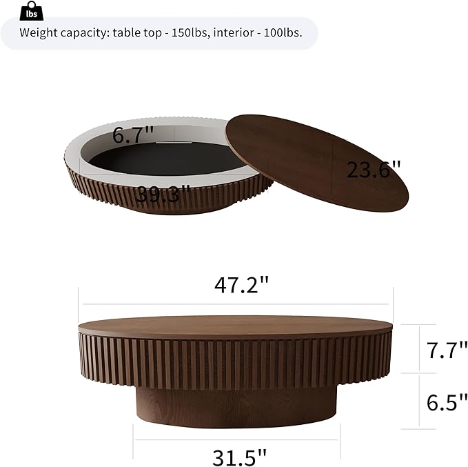 Oval Coffee Table for Living Room Modern Wood Center Tables with Storage Drum Tea Cocktail Fluted Mid Century Apartment Easy Assemble, Walnut 31.5" D x 47.2" W x14.2 H