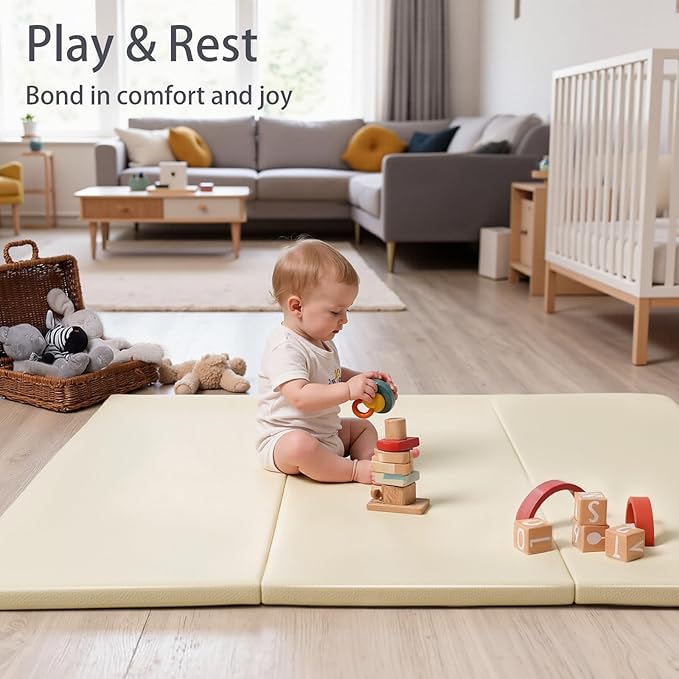 Foam Baby Play Mat: PU Leather Waterproof Kids Playmat - Trifold Floor Mat - Large Play Mat for Playpen Thick Pad Fodable Mattress Soft Toddler Mattress Infant Cushion for Preschool (Beige)