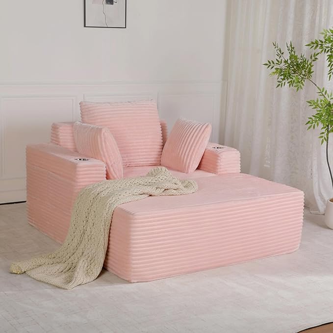 54" W Oversized Chaise Lounge Chair Indoor, Boneless Chaise Lounge Couch, Convertible Comfy Reading Chairs, Corduroy Sleeper Chair Couches for Living Room, Compression Sofa with Ottoman, Pink