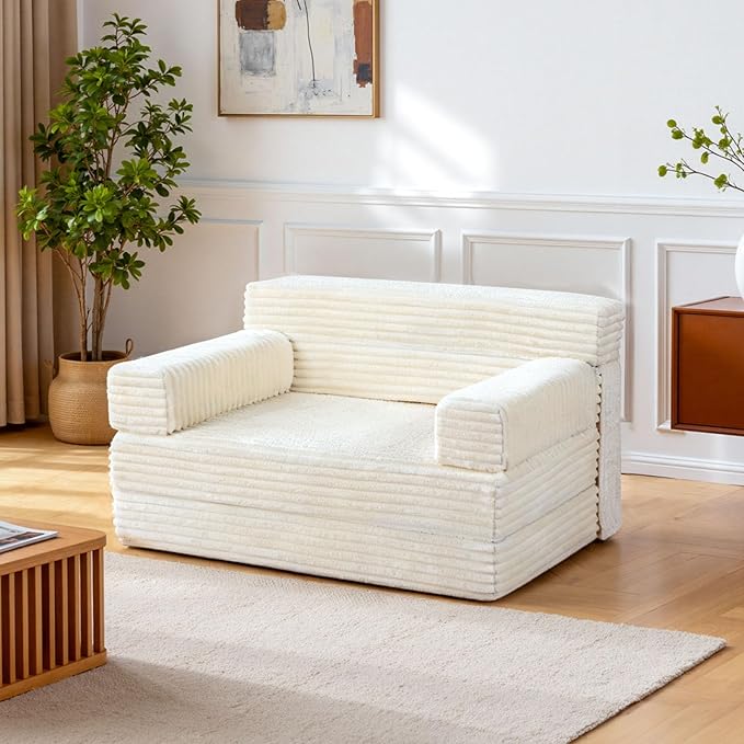 Folding Sofa Bed,Convertible Sofa Bed with Armrest Foldable Sleeper Chair, Portable Folding 4-in-1 Floor Sofa with Convertible Lounge Chair for Living Room,Bedroom,Washable Cover,White Single