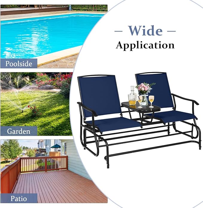 Giantex Outdoor Glider, Rocking Chair with Metal Frame, Center Tempered Glass Table, 2-Person Loveseat, Patio Glider Bench, Outside Swing Chair for Garden Yard Lawn Porch Patio Rocker (Navy)
