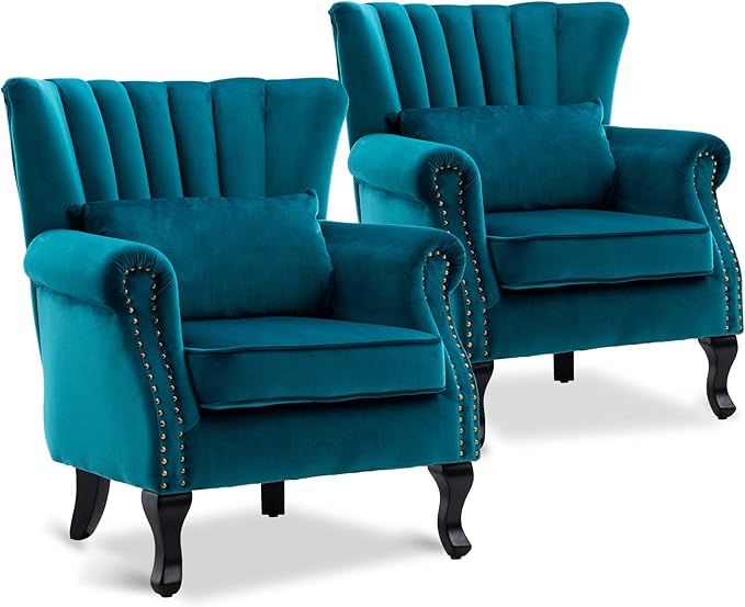 LZAREAL Accent Reading Arm Chairs Set of 2 Midcentury Modern Comfy Corner Sofa Chair, Wingback Waiting Room Club Chair with Tufted Back for Living Room/Bedroom/Reception Room, Velvet Teal