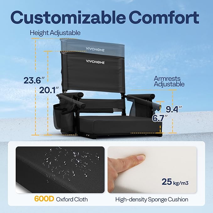 VIVOHOME Height Adjustable High Back Stadium Seats with Back Support and Cushion, 2 Pack Portable Bleacher Chairs with Cup Holder and Shoulder Strap, Black