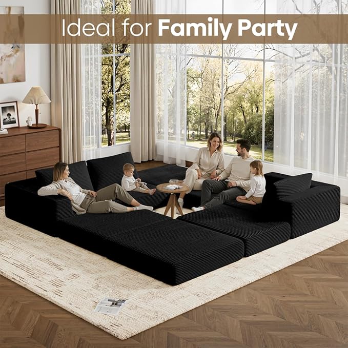 L-Shaped Corduroy Modular Sectional Couch, Modern Floor Couch Sofa for Apartment Living Room, Convertible Sleeper Sofa Bed with 3 Pillows, No Assembly Required, Black