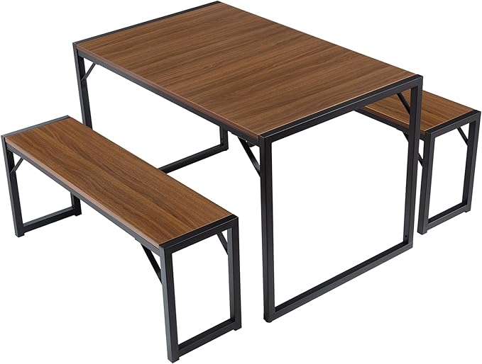 IMUsee 3PC 47.2" Dining Table Set for 4 with Benches, Heavy Duty Metal Frame, Small Space Saving Kitchen Dinette, Wood Board and Black Legs
